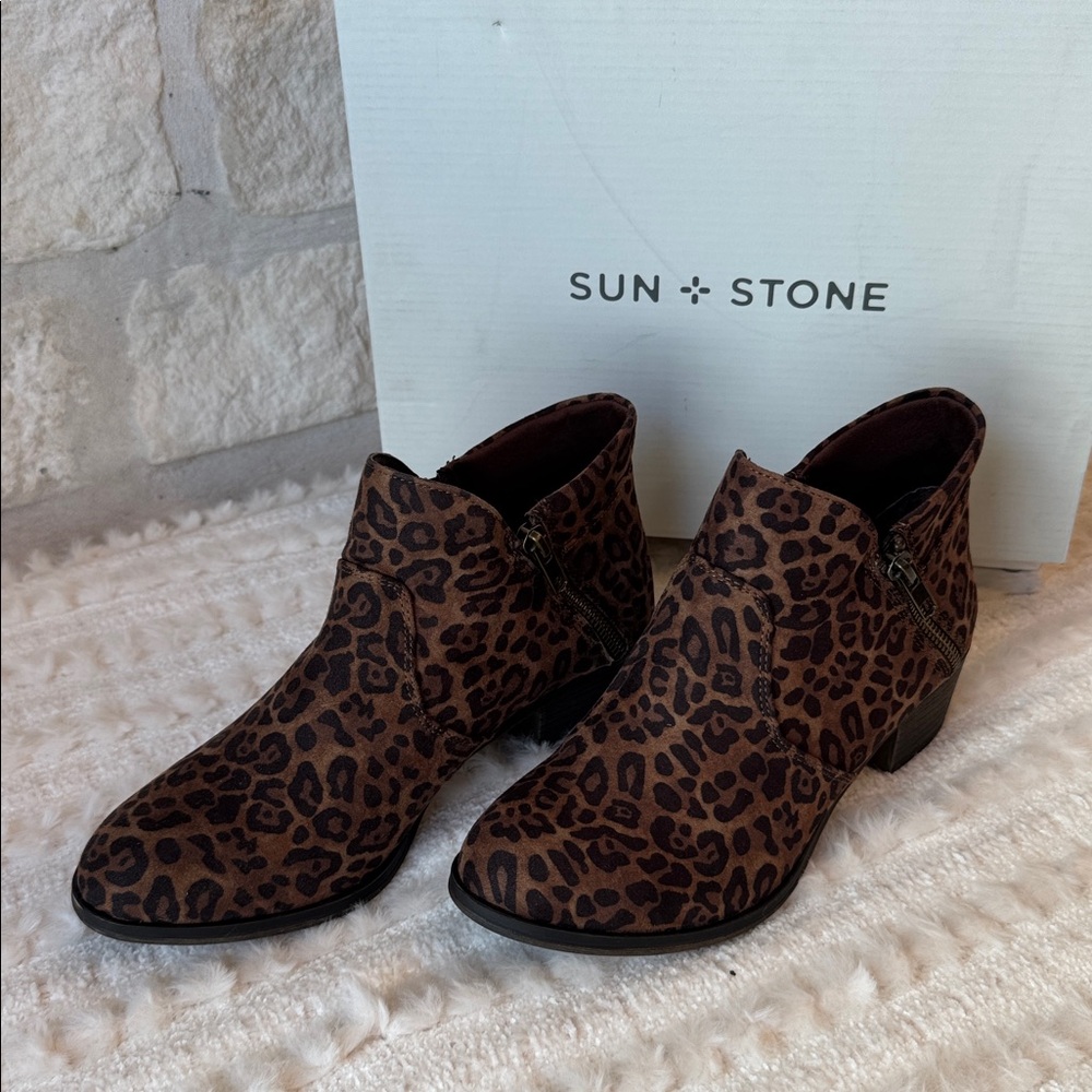 Sun + Stone Leopard Print Ankle Booties in Brown